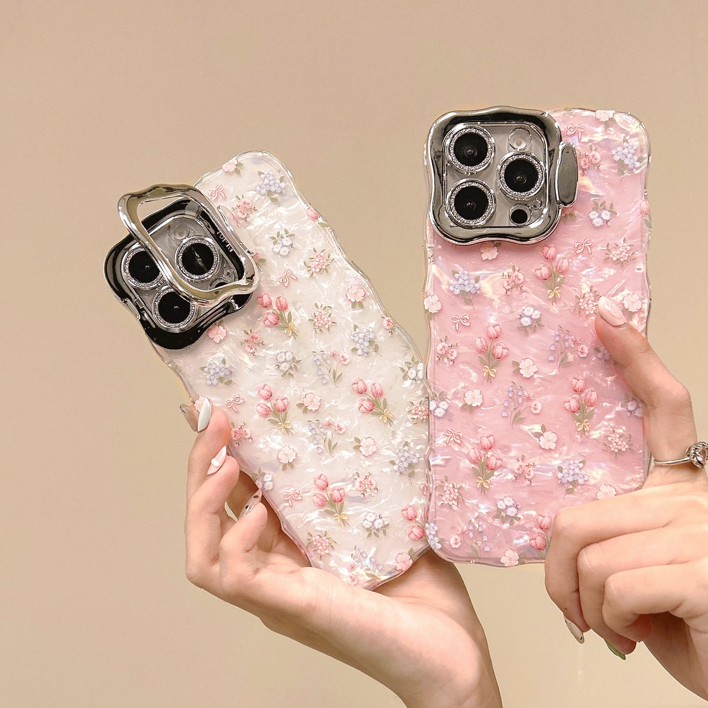 【フローラルミルキーシェル】フラワー×パール調デザイン スマホケース｜iPhone対応 #250704