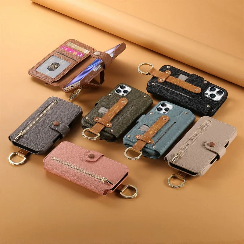 【ブックスタイル】キーリング付き レザー調 財布一体型 手帳型 iPhoneケース｜ファスナー収納・多色展開 #240128