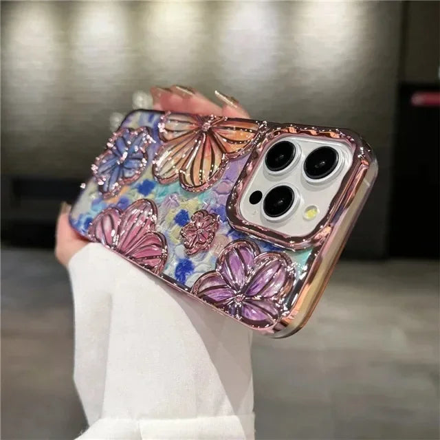 【クリスタルフラワー】立体エンボス フラワーデザイン スマホケース｜iPhone対応