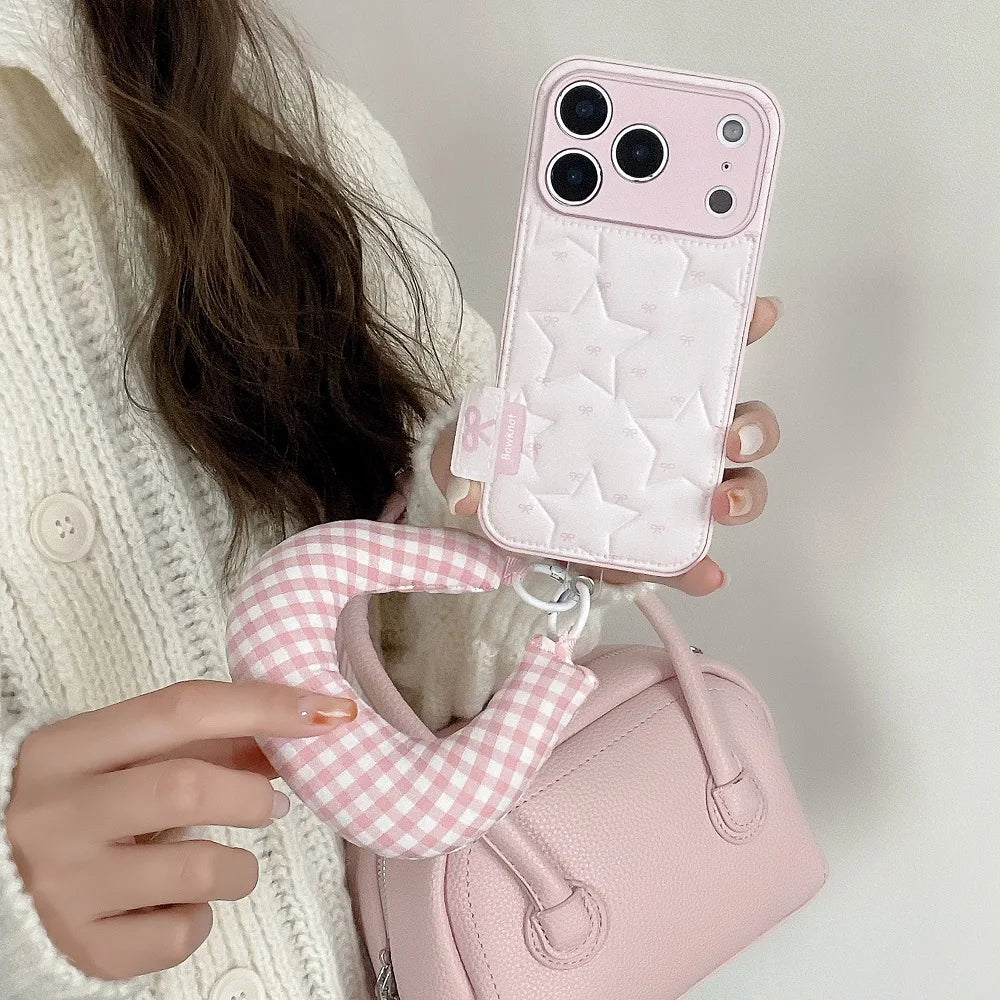 【もこもこスターキルティング】 ふわふわ チェッククッション ハンドル ストラップケース｜iPhone対応 #240913