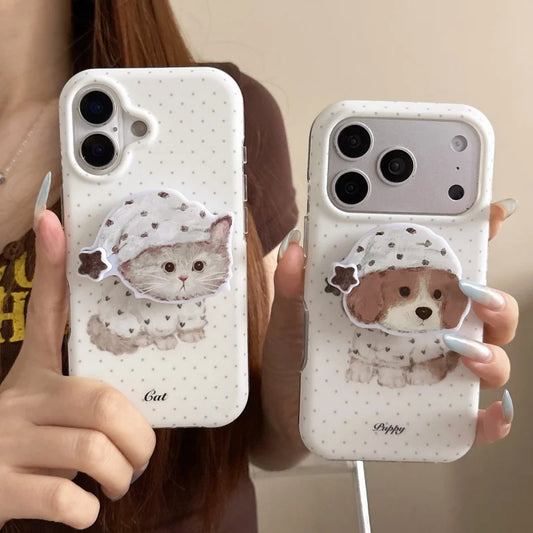 ふんわりネコちゃん ワンちゃん グリップ付き iPhoneケース｜Magnet内蔵 #230925