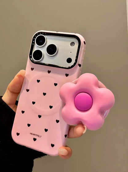 【フラワーハートグリップ】ハートドット×立体フラワーグリップ スマホケース｜iPhone対応 #250330