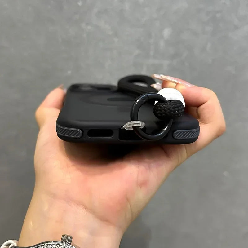 ネオンアクセント iPhoneケース｜ストラップ付き・マットブラック・スポーティデザイン #240411