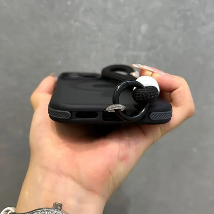 ネオンアクセント iPhoneケース｜ストラップ付き・マットブラック・スポーティデザイン #240411