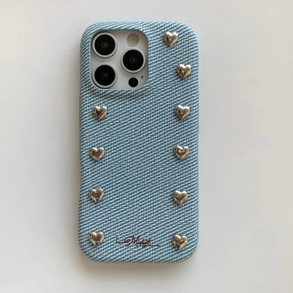【ハートスタッズシリーズ】シルバーハート レザー デニム調 デザインスマホケース｜iPhone対応 #251217