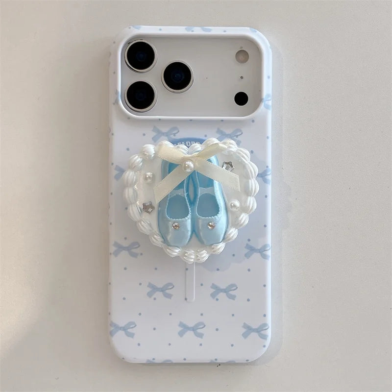 3Dバレエシューズ パールハートグリップ リボン柄 Magnet内蔵 iPhoneケース｜バレエ #260018