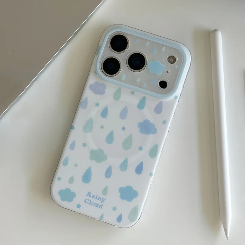 【グリップ付き】雨雲 しずく柄 クラウドグリップ Magnet内蔵 iPhoneケース｜ゆめかわ・韓国っぽ PCA #261292