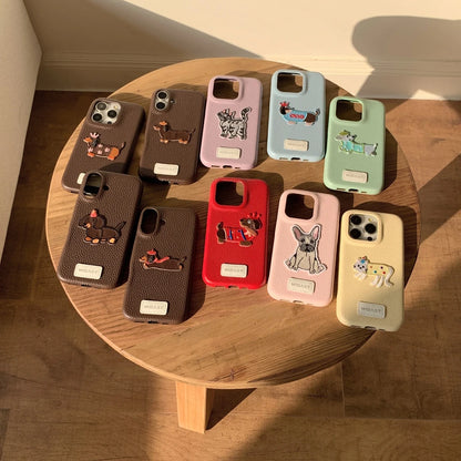 【アニマルシリーズ】ドッグ 犬 猫 モチーフ 刺繍入りレザー調 スマホケース ダックスフンド フレンチブルドッグ ｜iPhone対応 #250422