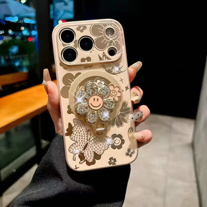 【フラワーシリーズ】キラキラ立体スマイルフラワー＆バタフライ デザインスマホケース｜iPhone対応 #251211