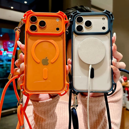 タフデザイン ロングストラップ付 耐衝撃 Magnet内蔵 クリア iPhoneケース #231109
