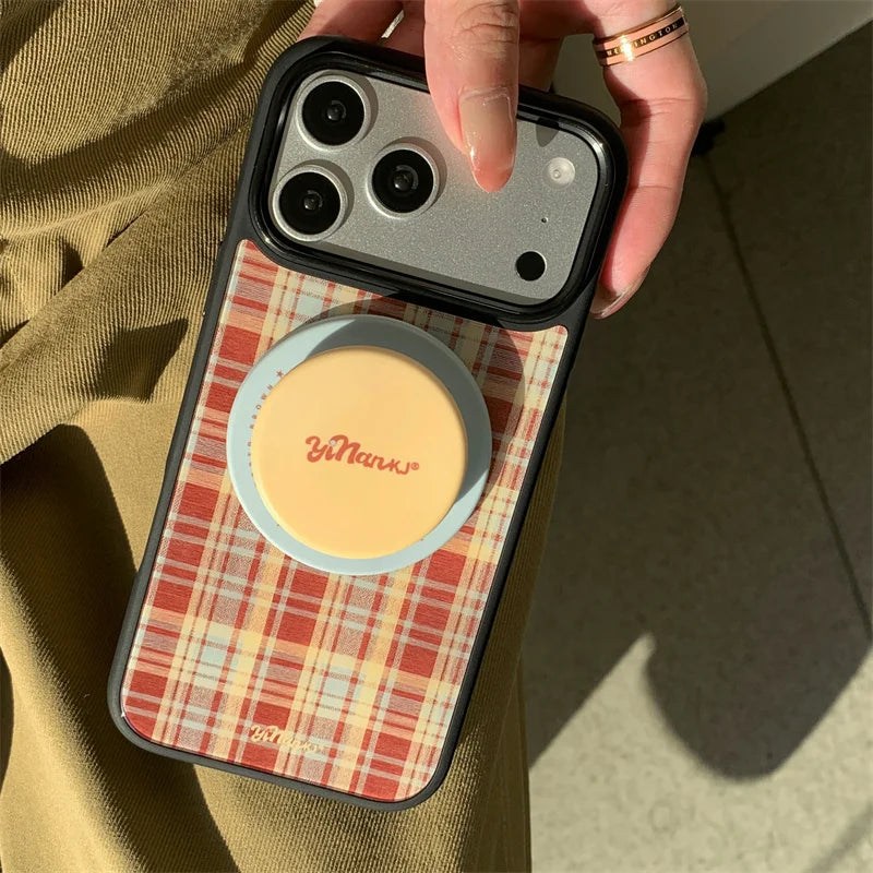 チェック柄 スタンドグリップ付き Magnet内蔵 iPhoneケース｜レトロデザイン #260003