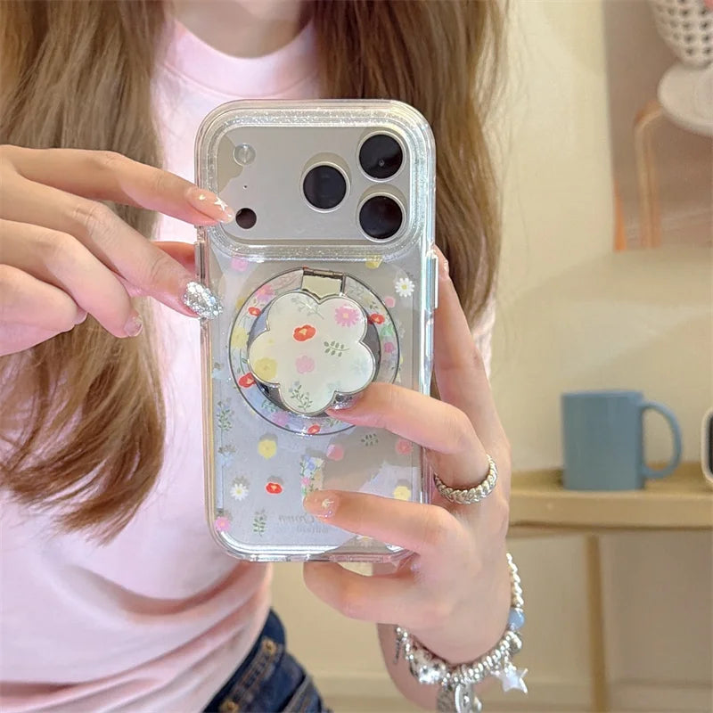 【カラフル】フラワーiPhoneケース Magnetスタンド クリア ｜ナチュラル・韓国風 #231025