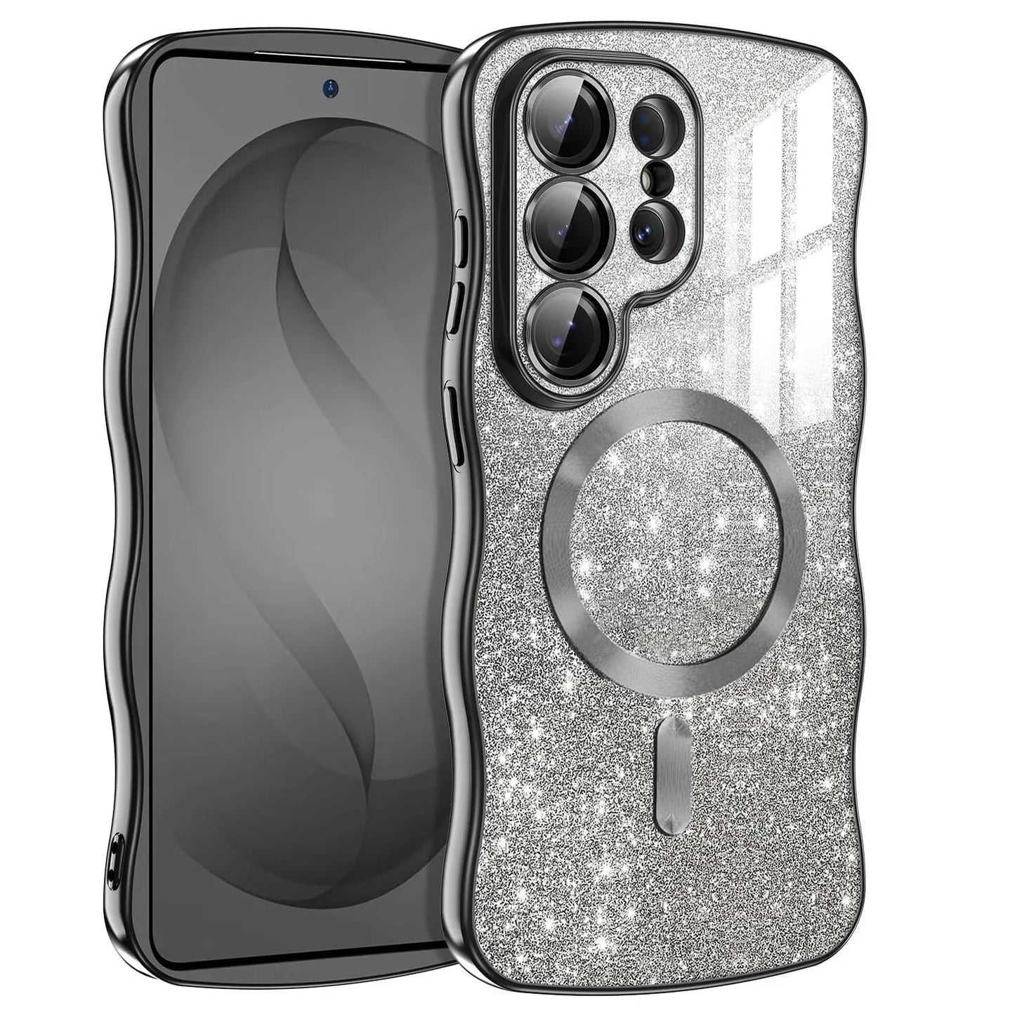 【Galaxy対応】ウェーブフレーム ラメグラデーション マグネット内蔵ケース 全4色 韓国風・キラキラ・おしゃれ #261094