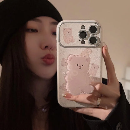 【モカベアスタンド】立体くま ポップソケット × リボンエンボス スマホケース｜iPhone対応 #241229