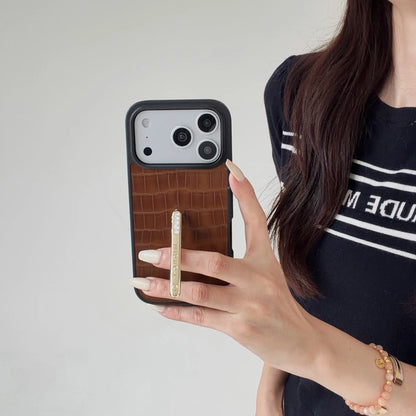 レザー調  キラキラスタンドグリップ付き iPhoneケース｜高級感デザイン #231224