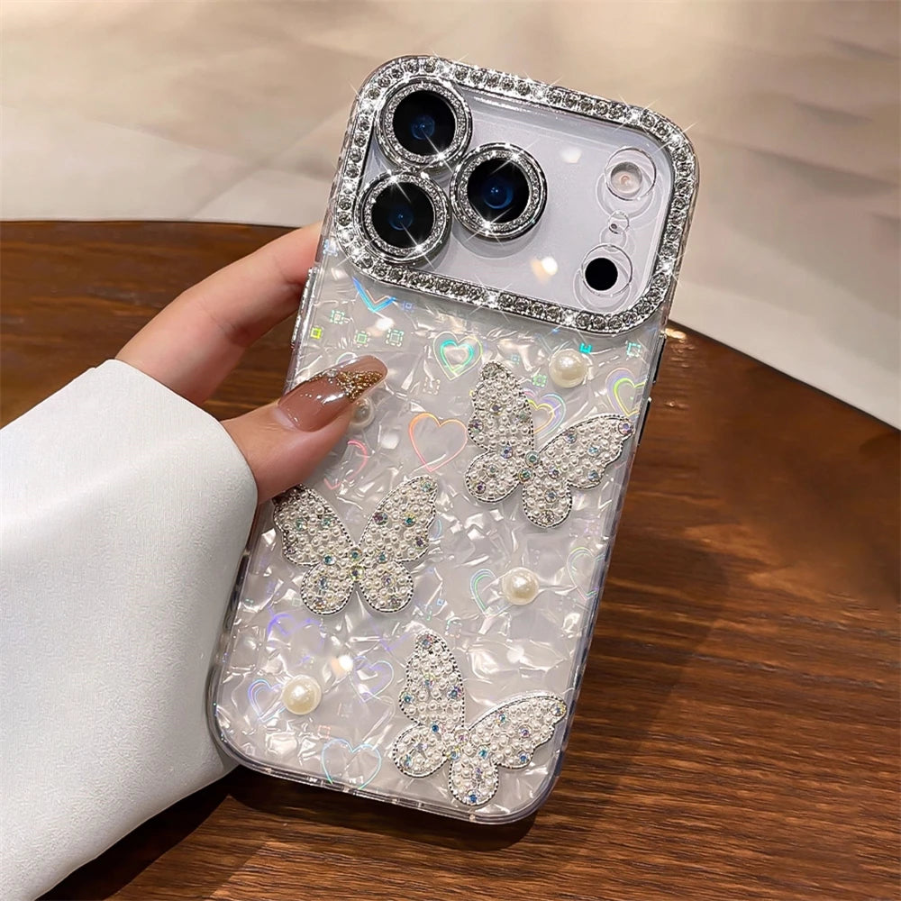 【ジュエリーバタフライ】キラキラ 蝶モチーフ×パール デコレーション スマホケース｜iPhone対応 #250424