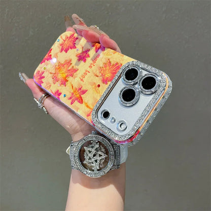 【メイプルリーフ】紅葉 クリア × ラメ オレンジ レンズ周りジュエリー ケース｜iPhone対応 #240917