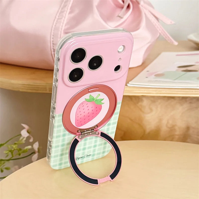 フルーツモチーフ チェック柄 グリップ付き iPhoneケース｜ポップ・ガーリー #260100