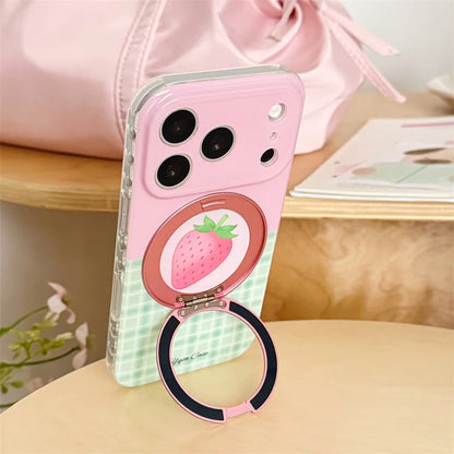 フルーツモチーフ チェック柄 グリップ付き iPhoneケース｜ポップ・ガーリー #260100