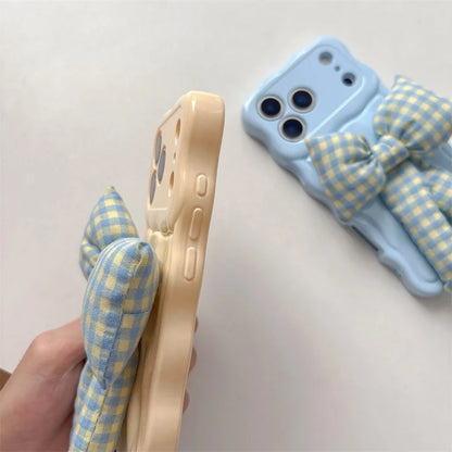 【ウェーブフレーム】ぷっくり 立体 ギンガムチェックリボン スマホケース｜iPhone対応 #241230