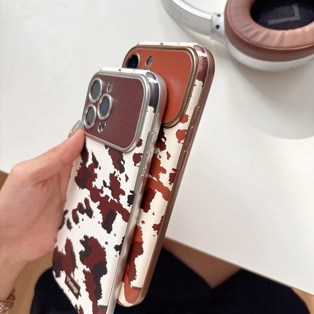 【ヴィンテージカウレザー】ブラウン牛柄×レザー調 スマホケース｜iPhone対応 #250122