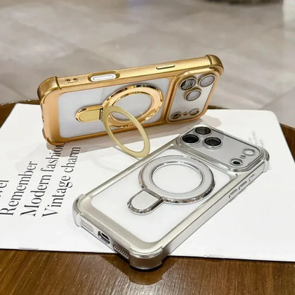 リングスタンド付き メッキフレーム バンパー Magnet内蔵 クリア iPhoneケース｜上品・シンプル #260061