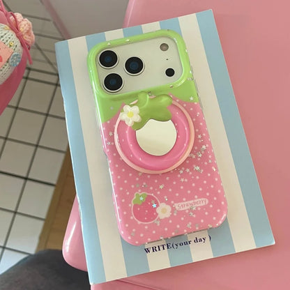 ストロベリードット ミラーグリップ付き iPhoneケース｜いちごイラスト・3Dフルーツグリップ #240429