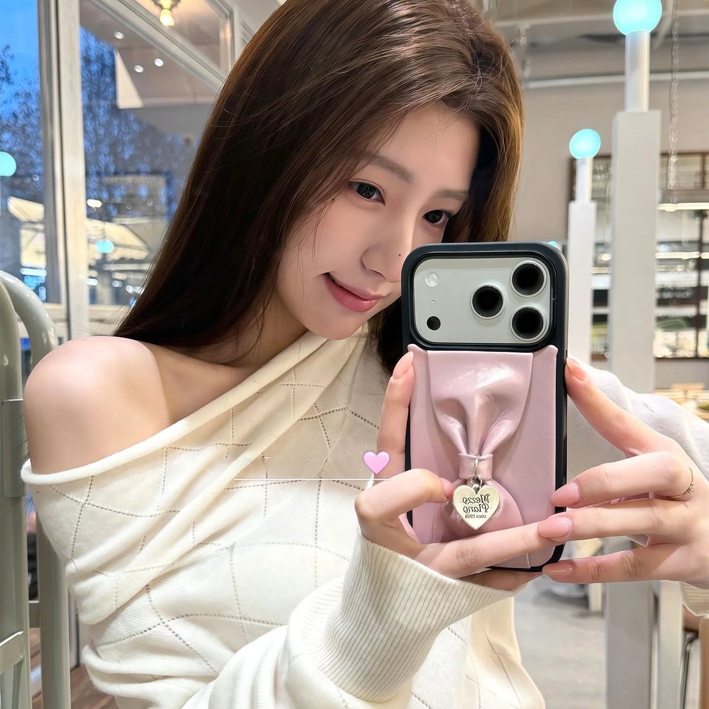 【立体リボン】 ハートチャーム付き ソフトレザー調  iPhoneケース #260207