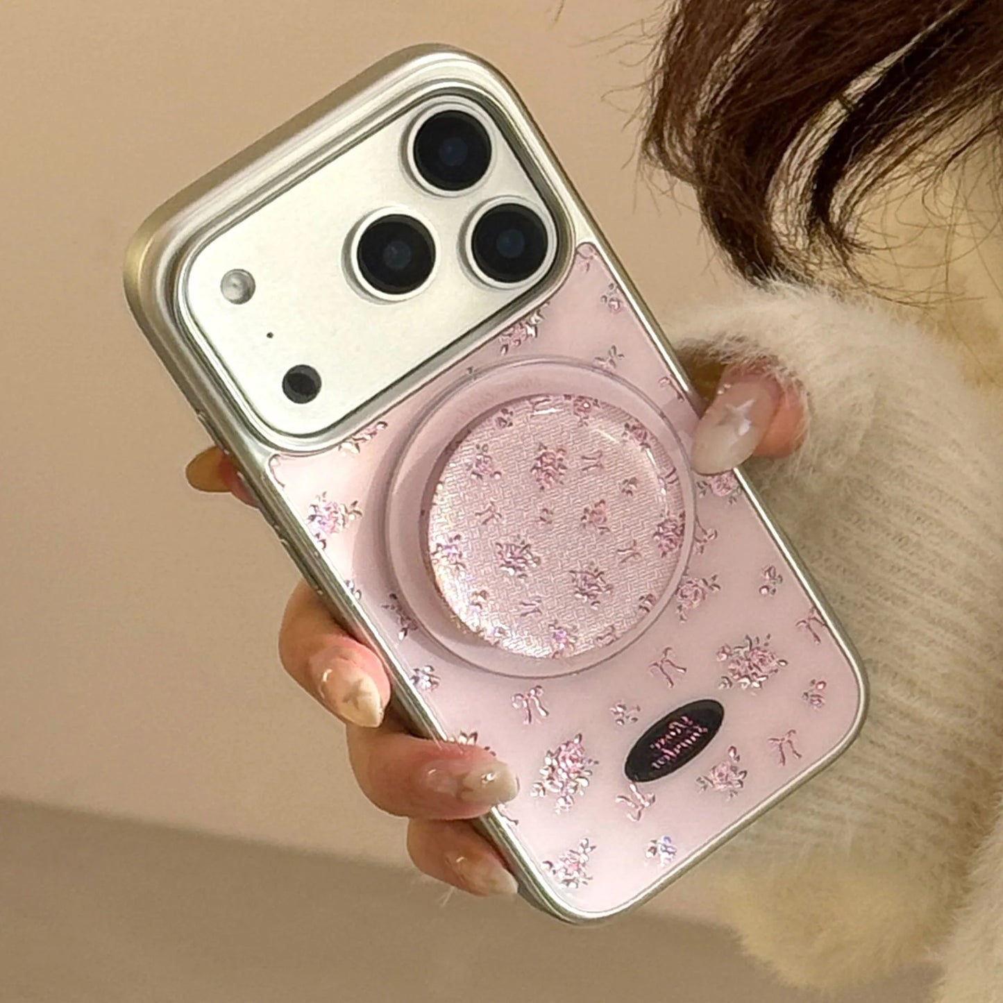 ヴィンテージフラワー Magnet内蔵 iPhoneケース｜小花柄ピンク・マグネットグリップ #240427