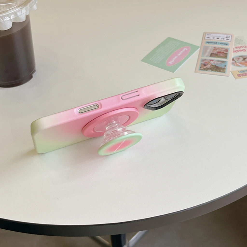 【Magsafe対応】キャンディカラー 滲みグラデ ライトピンク×ミント ラウンドグリップ スマホケース｜iPhone対応 #241213