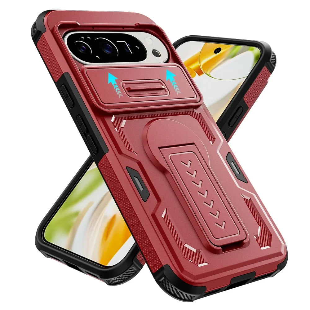 【Google Pixel対応】カーボン調 カメラスライダー付きスタンド耐衝撃ケース シンプル マット スマホケース PCA #261111