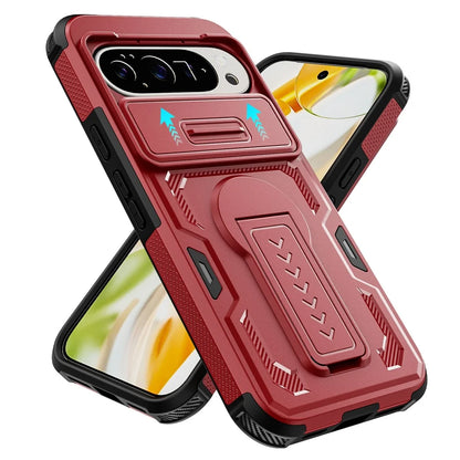 【Google Pixel対応】カーボン調 カメラスライダー付きスタンド耐衝撃ケース シンプル マット スマホケース PCA #261111