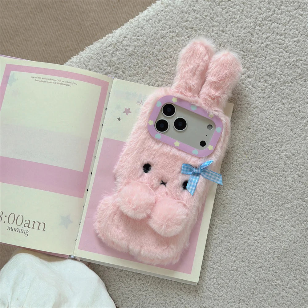 【ふわもこファーバニー】チェックリボン×ラビットファー スマホケース｜iPhone対応 #241223