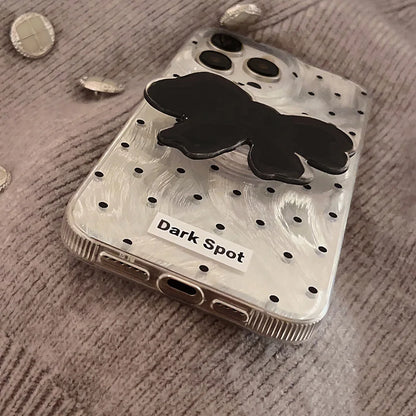 【ダークドット×立体リボンモチーフ】シルバー ホログラム iPhoneケース｜iPhone対応 #250528