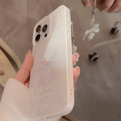 【パール×リボンチャーム】艶めく ホワイト シェル風ケース｜iPhone対応 #250525