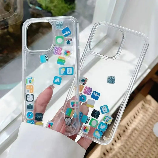 【流れるシリーズ】アプリアイコン クリア 透明キラキラ ラメ ソフト スマホケース カバー｜iPhone対応 #250402