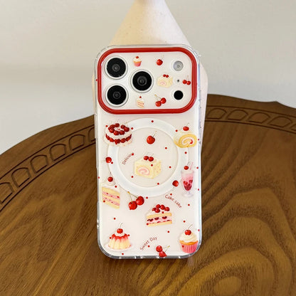 チェリーサンデー パフェ Magnet内蔵 グリップ付き クリア iPhoneケース #240119