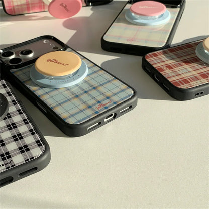 チェック柄 スタンドグリップ付き Magnet内蔵 iPhoneケース｜レトロデザイン #260003