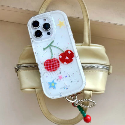 【フルーツシリーズ】赤チェック＆星柄チェリー ポップデザイン クリアスマホケース｜iPhone対応 #251008