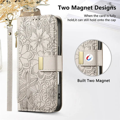 【ブックスタイル】フラワー型押し レザー調  手帳型 iPhoneケース｜財布一体型・ショルダー対応 #240123