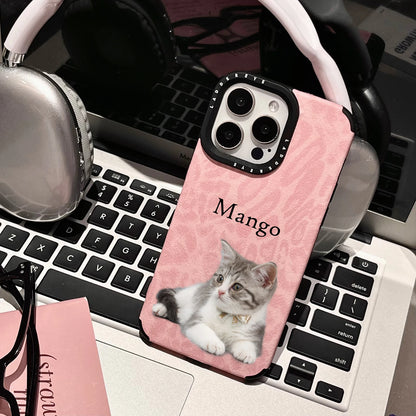 【カスタムNAMEシリーズ】ペット写真 × カスタム ネーム 印字 ピンクレオパード スマホケース｜iPhone対応 #241006