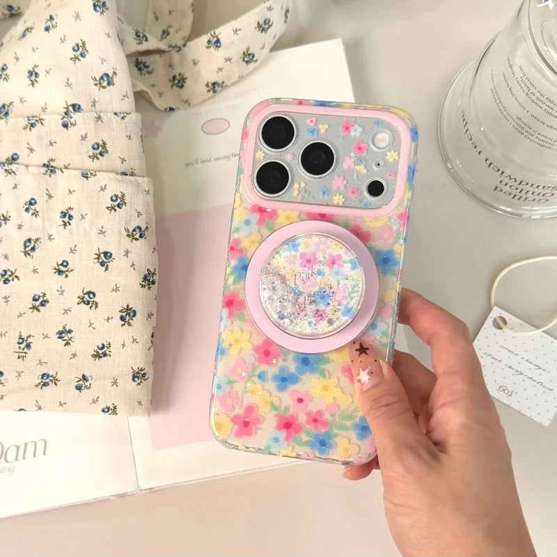 【カラフル】フラワーiPhoneケース グリッター Magnetグリップ付き｜ポップ・華やか #231020