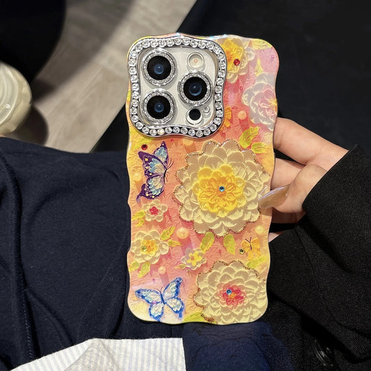 バタフライ フラワーデコ iPhoneケース｜ビジュー ウェーブフレーム 華やかデザイン #240321