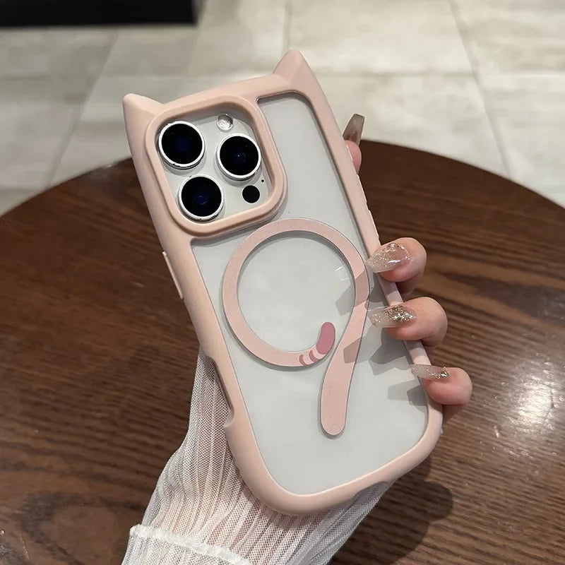 【猫耳シリーズ】Magnet内蔵 しっぽデザイン カラーフレーム iPhoneケース #240215