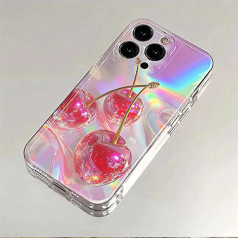 【フルーツシリーズ】チェリー＆アップル ホログラム スマホケース｜iPhone対応 #250910