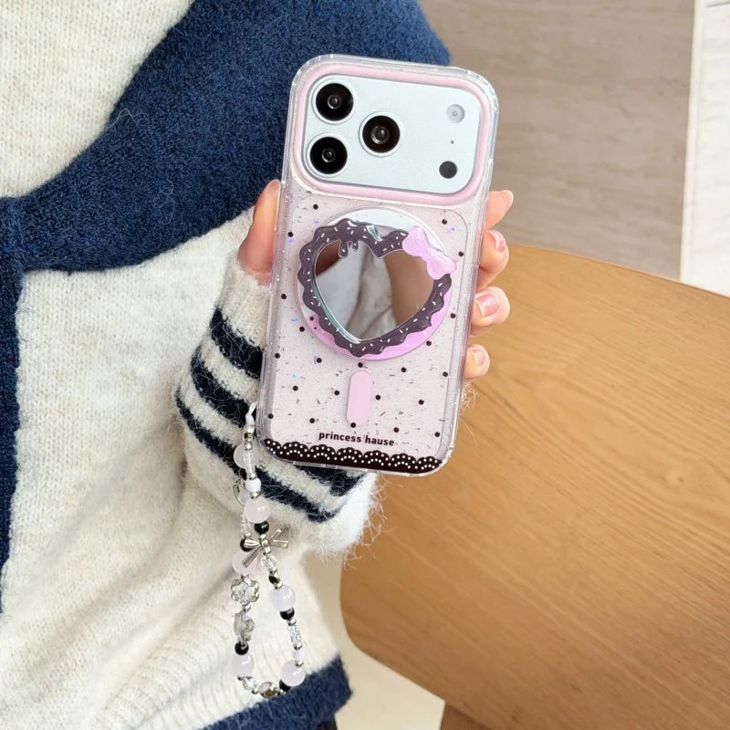 ハートミラー グリッターiPhoneケース｜キラキラフレーム・ミラーグリップ付きデザイン #240426