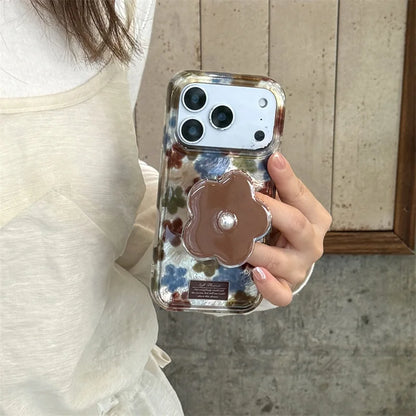 【フラワーパールスタンド】マーブル調×花柄 レザーチャーム付き スマホケース｜iPhone対応 #250312