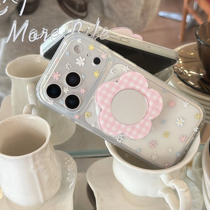 お花型ミラーグリップ デイジー柄 クリア Magnet内蔵 iPhoneケース｜淡色・大人かわいい #260025