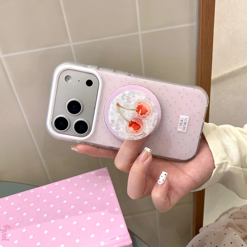 チェリーグリップ ドット柄 ピンク Magnet内蔵 iPhoneケース｜淡色・ガーリー #260047