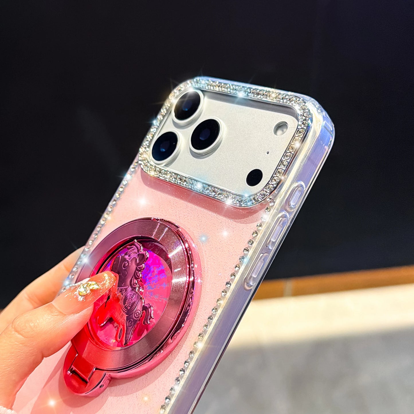 くるくる回る ユニコーン 馬 リングスタンド付き ホログラムラメ iPhoneケース #240511